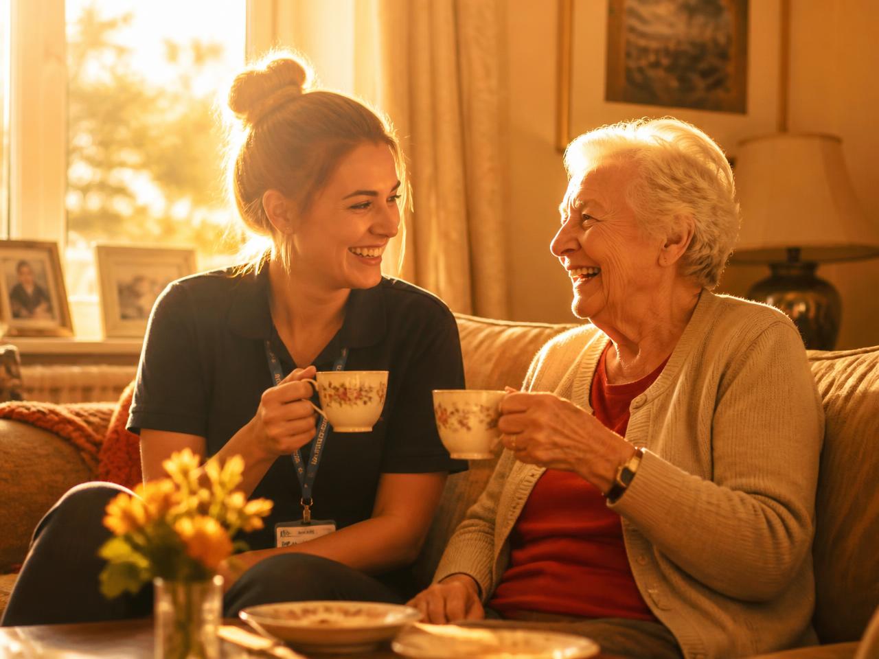 A carer and an older woman laughing together over tea in a sunlit living room